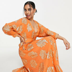 ASOS DESIGN Petite belted batwing maxi tea dress in orange metallic jacquard-Multi