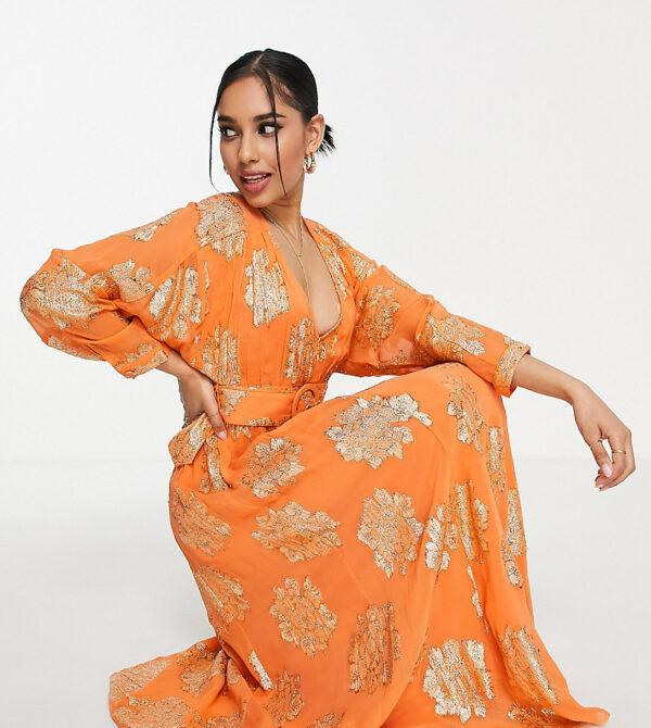 ASOS DESIGN Petite belted batwing maxi tea dress in orange metallic jacquard-Multi