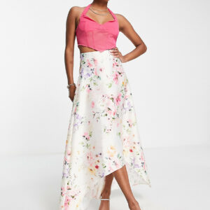 ASOS DESIGN Petite full satin prom maxi skirt in floral print-Multi