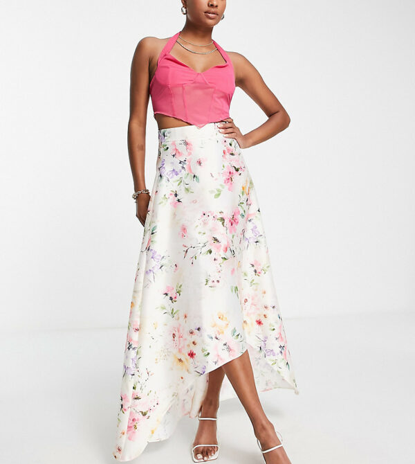 ASOS DESIGN Petite full satin prom maxi skirt in floral print-Multi