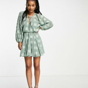 ASOS DESIGN Petite plunge mini dress with godet skirt in sage green