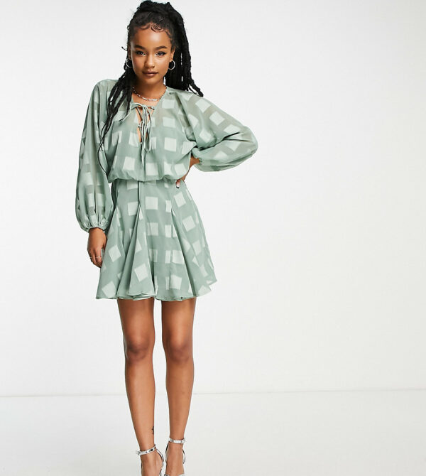 ASOS DESIGN Petite plunge mini dress with godet skirt in sage green