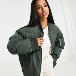 ASOS DESIGN Petite reversible quilted bomber jacket in khaki and cream-Green