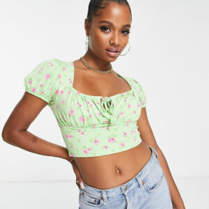 ASOS DESIGN Petite short sleeve milkmaid crop top green floral-Multi