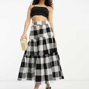 ASOS DESIGN Petite tiered midi skirt in mono gingham-Multi