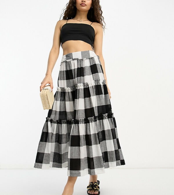 ASOS DESIGN Petite tiered midi skirt in mono gingham-Multi