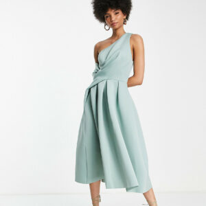 ASOS DESIGN Tall bare shoulder prom midi dress in frosty sage-Green