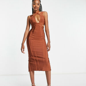 ASOS DESIGN Tall bodycon bandage midi dress with cut out in rust-Purple