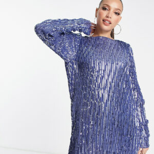 ASOS DESIGN Tall long sleeve shift mini dress in plisse sequin in blue