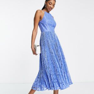 ASOS DESIGN Tall pinny midi prom dress with pleated lace in blue