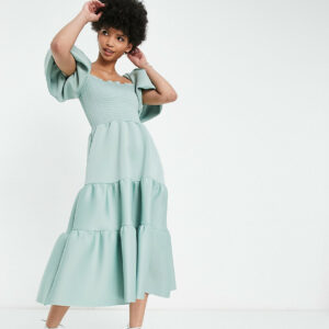 ASOS DESIGN Tall shirred puff sleeve tiered prom midi dress in frosty sage-Green