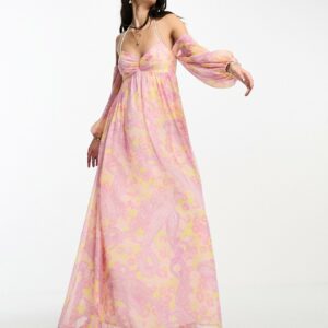 ASOS DESIGN babydoll bardot swing maxi dress in pink paisley print-Multi