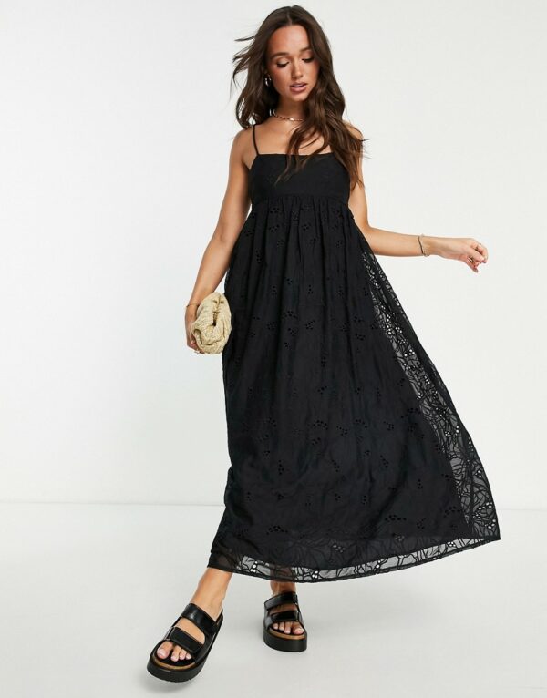 ASOS DESIGN babydoll cami maxi dress in cutwork floral organza in black