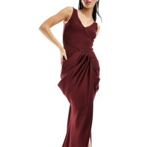 ASOS DESIGN bandage bodice draped midi dress in burgundy-Red