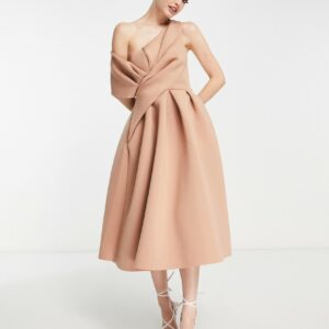 ASOS DESIGN bare shoulder midi prom dress in camel-Brown