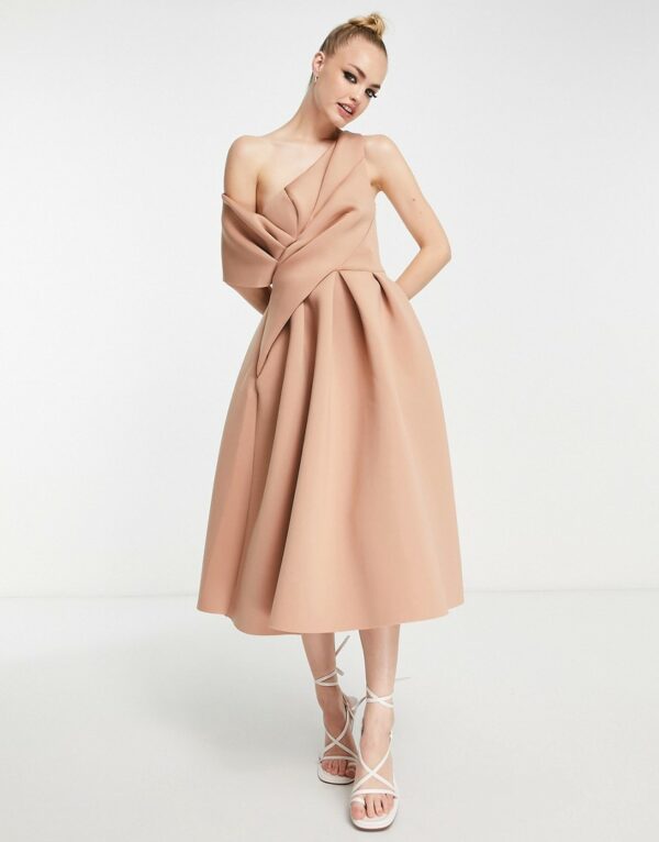 ASOS DESIGN bare shoulder midi prom dress in camel-Brown