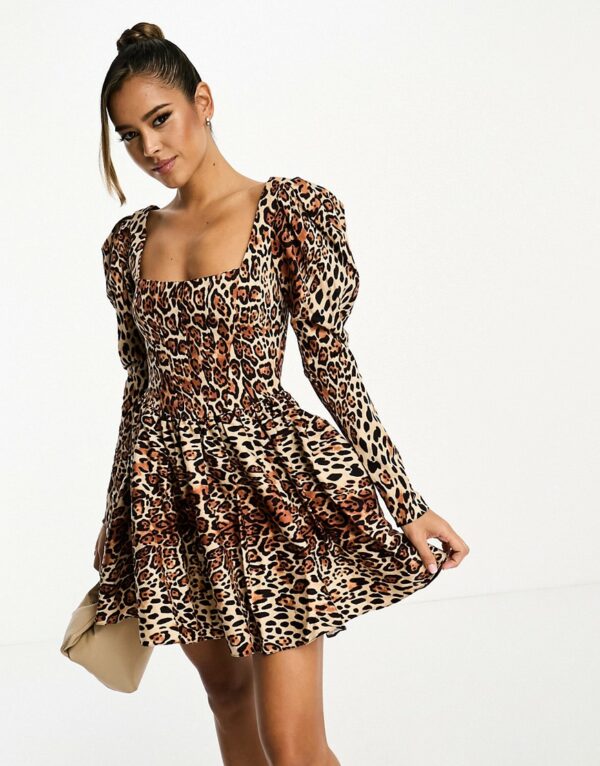 ASOS DESIGN bonded cotton poplin skater mini dress in animal print-Multi