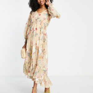 ASOS DESIGN button detail smock maxi dress in printed floral metallic jacquard-Multi