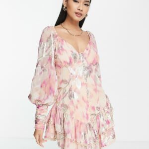 ASOS DESIGN button through babydoll mini dress in pink metallic jacquard-Multi