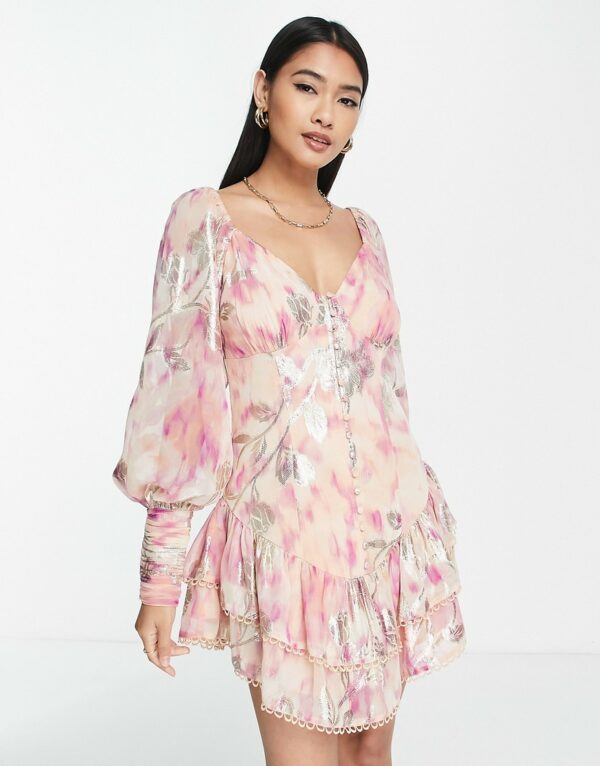 ASOS DESIGN button through babydoll mini dress in pink metallic jacquard-Multi