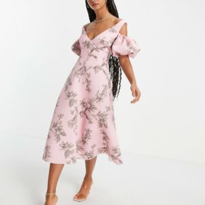 ASOS DESIGN cold shoulder corsetted prom midi dress in floral print-Multi