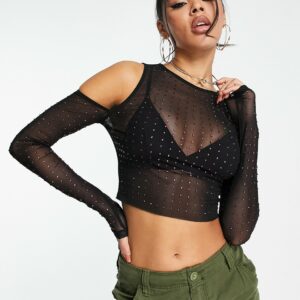 ASOS DESIGN cold shoulder top in black with pink crystal stud hotfix