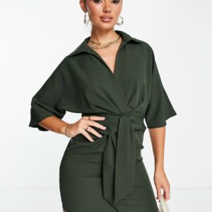 ASOS DESIGN collared wrap front batwing mini dress with knot in khaki-Green