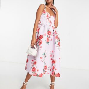 ASOS DESIGN corset floral midi prom dress in lilac floral-Multi