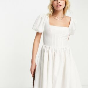 ASOS DESIGN corset linen mini skater dress with puff sleeve in white