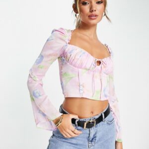 ASOS DESIGN corset top with ruffle shoulder in pink occasion floral print