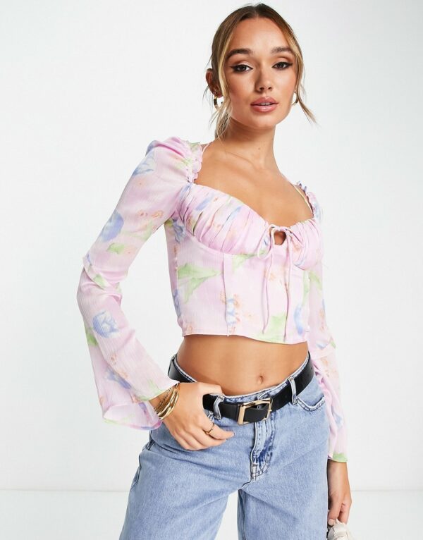 ASOS DESIGN corset top with ruffle shoulder in pink occasion floral print