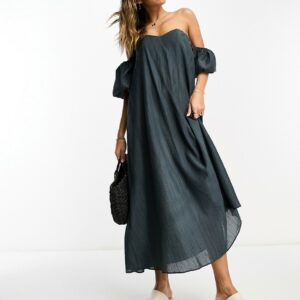 ASOS DESIGN crinkle trapeze maxi dress with sleeve in slate grey