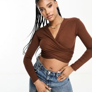 ASOS DESIGN cross over off shoulder bardot top with long sleeve in chocolate-Brown