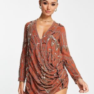 ASOS DESIGN embellished shift mini dress with drape front detail in rust-Orange