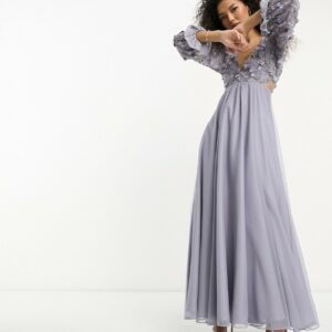 ASOS DESIGN embellished wrap front tulle skirt midaxi dress with floral detail in lilac-Purple