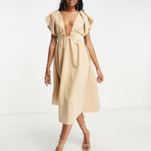 ASOS DESIGN frill sleeve gold ring soft prom midi dress in stone-Neutral