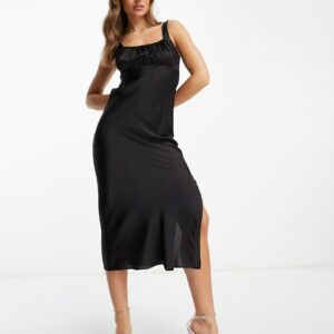 ASOS DESIGN gathered babydoll satin midi slip dress in black