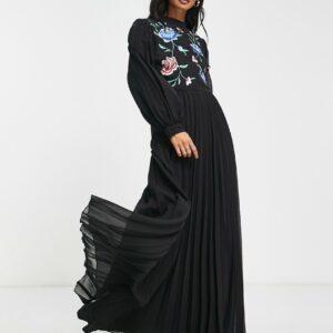 ASOS DESIGN high neck pleated long sleeve skater maxi dress with embroidery in black