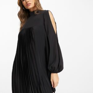 ASOS DESIGN high neck pleated trapeze mini dress with split sleeves in black