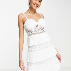 ASOS DESIGN lace corset mini dress with tiered pleated skirt in white