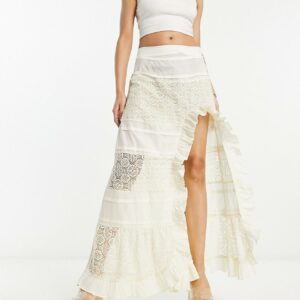 ASOS DESIGN lace insert and embroidered maxi skirt with side split in cream-White