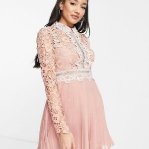 ASOS DESIGN lace mini dress with collar detail and pleated skirt-Pink