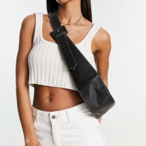 ASOS DESIGN leather curved base crossbody sling bag with contrast stitch in black