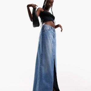 ASOS DESIGN lightweight denim maxi skirt with split front in blue