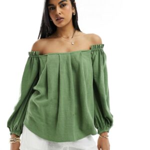 ASOS DESIGN linen look off shoulder pleated top in khaki-Green