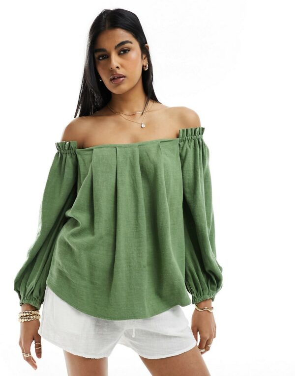 ASOS DESIGN linen look off shoulder pleated top in khaki-Green