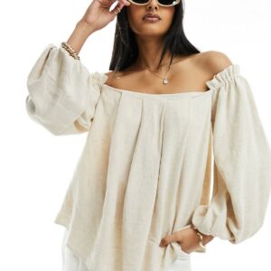 ASOS DESIGN linen look off shoulder pleated top in natural-Neutral