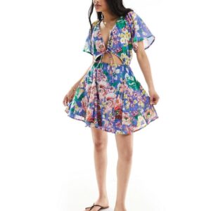 ASOS DESIGN mini cut out dress with godet skirt in blue floral print-Multi