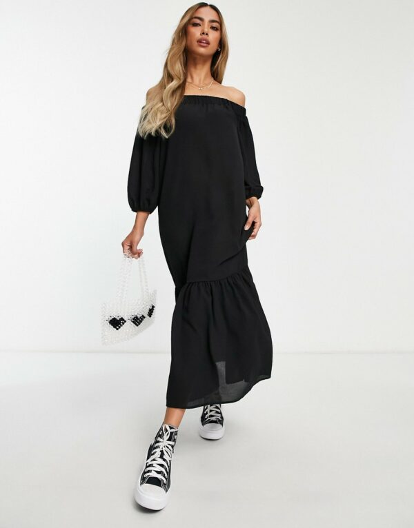 ASOS DESIGN off shoulder trapeze maxi dress with pephem in black