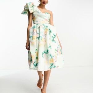 ASOS DESIGN one shoulder origami midi prom dress in blue floral print-Multi